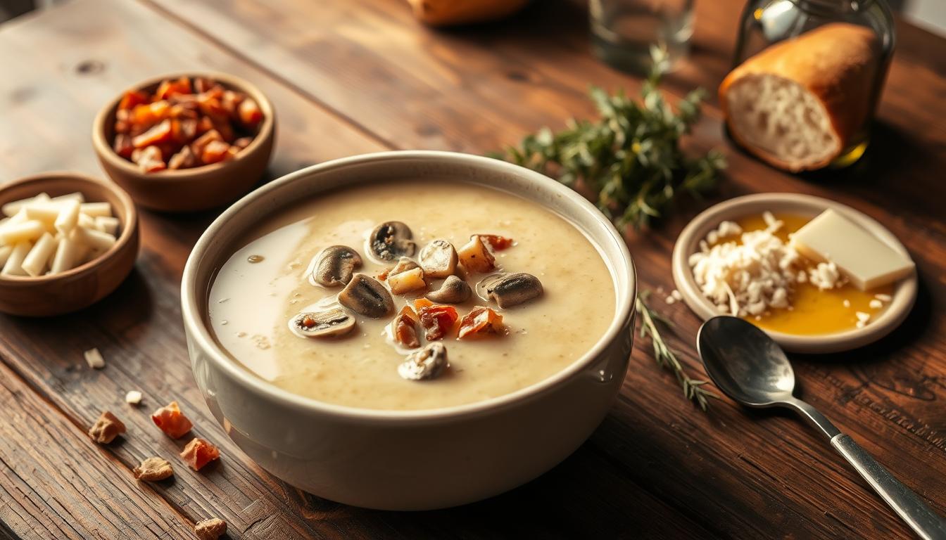Mushrooms in Potato Soup: Why It’s the Ultimate Comfort Food 3 A warm and inviting scene of a rustic wooden table, the centerpiece a steaming bowl of creamy mushroom potato soup. Alongside, an assortment of complementary garnishes - crisp bacon crumbles, fragrant thyme sprigs, grated Parmesan, and a drizzle of rich olive oil. The lighting is soft and cozy, perhaps from a nearby window or a single pendant lamp, casting a golden glow over the scene. The composition is balanced, highlighting the soup as the star while framing it with thoughtfully arranged accoutrements, inviting the viewer to imagine the perfect bite. An atmosphere of comfort and nourishment pervades the image, capturing the essence of the "Pairing Suggestions and Serving Ideas" for this ultimate comfort food.