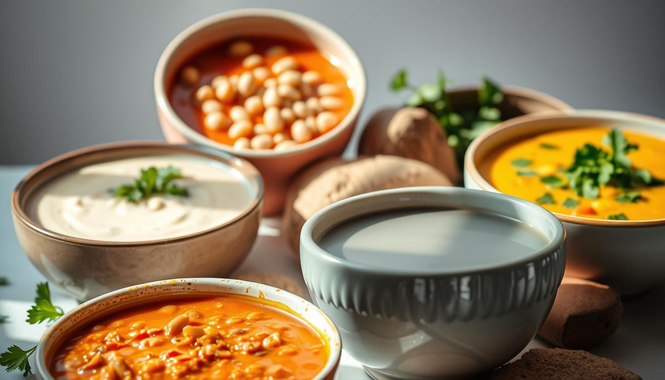 High Protein Vegan Soup: How to Make It in 30 Minutes 3 A vibrant still life arrangement of various high-protein vegan soup variations, beautifully lit from the side with soft, diffused natural light. In the foreground, a bowl of rich, hearty lentil soup, its deep red-orange hue contrasting with a creamy cashew-based soup in the middle ground. In the background, a chunky white bean soup and a fragrant, fragrant coconut curry soup with vibrant greens. The scene is set against a simple, minimalist backdrop, allowing the diverse array of soups to take center stage. The overall mood is one of warmth, nourishment, and culinary exploration.
