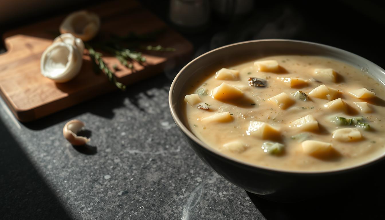 Potato and Onion Soup: 10 Vegan Twists You’ll Love 3 A dimly lit kitchen countertop, with a steaming bowl of creamy potato soup taking center stage. The broth is thick and velvety, dotted with chunks of tender potato and hints of aromatic herbs. In the background, a cutting board holds the remnants of the soup's ingredients - a few sliced onions, a garlic clove, and sprigs of fresh thyme. Shadows cast by the overhead lighting create a moody, contemplative atmosphere, as if the viewer is troubleshooting a recipe issue. The composition is balanced, with the soup positioned to draw the eye, inviting the viewer to explore the potential problem areas and solutions.
