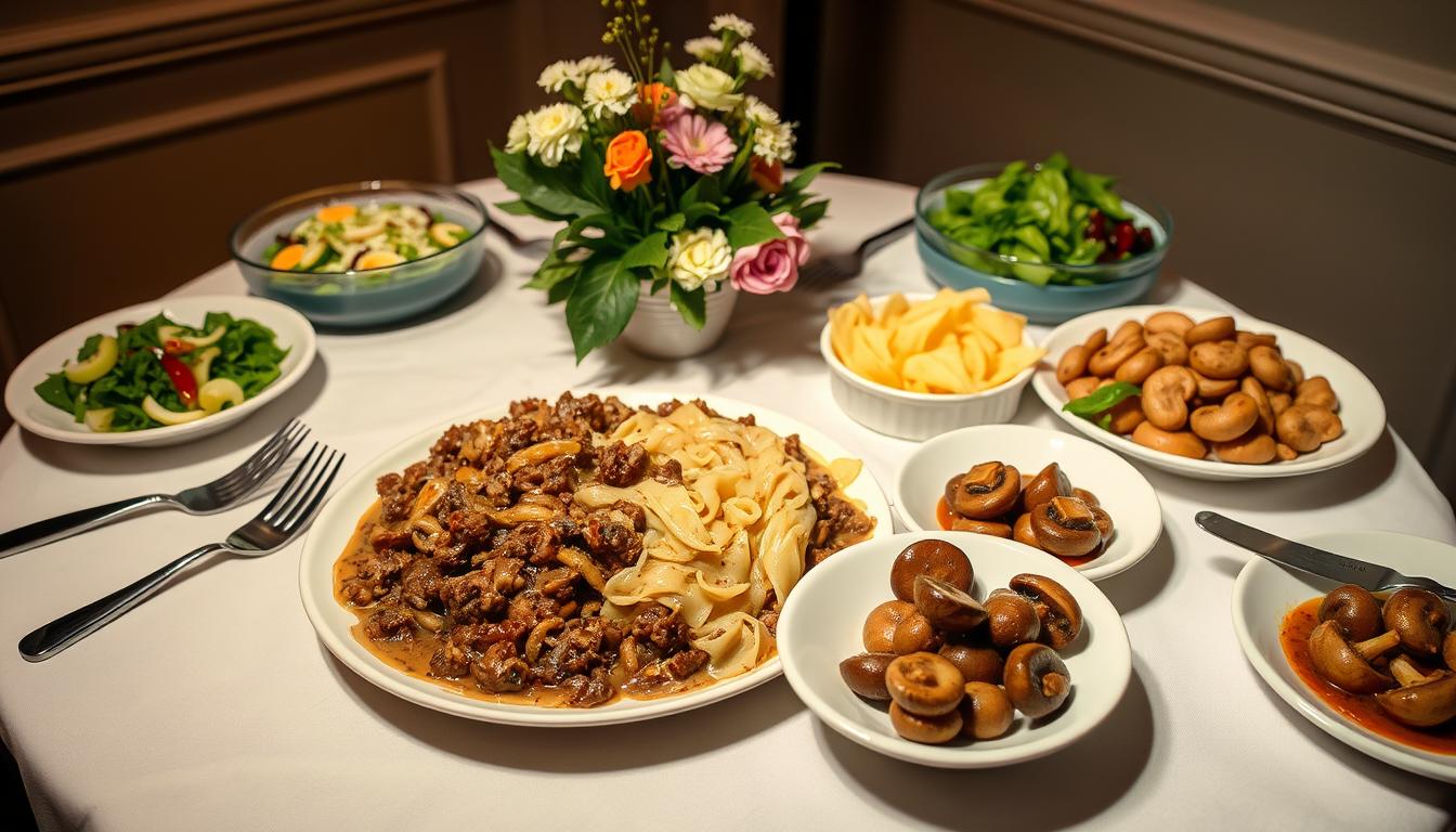 ground beef stroganoff with cream of mushroom soup recipe 3 A well-lit, elegant table setting featuring a rich, creamy ground beef stroganoff dish as the centerpiece. Surrounding it are a variety of complementary side dishes: steaming buttered egg noodles, a fresh green salad with a light vinaigrette, roasted garlic mashed potatoes with a golden brown crust, and sautéed mushrooms in a savory sauce. The table is adorned with a crisp white tablecloth, polished silverware, and a simple floral centerpiece, creating a cozy and inviting atmosphere. Warm, soft lighting casts a gentle glow, highlighting the textures and colors of the delectable spread.
