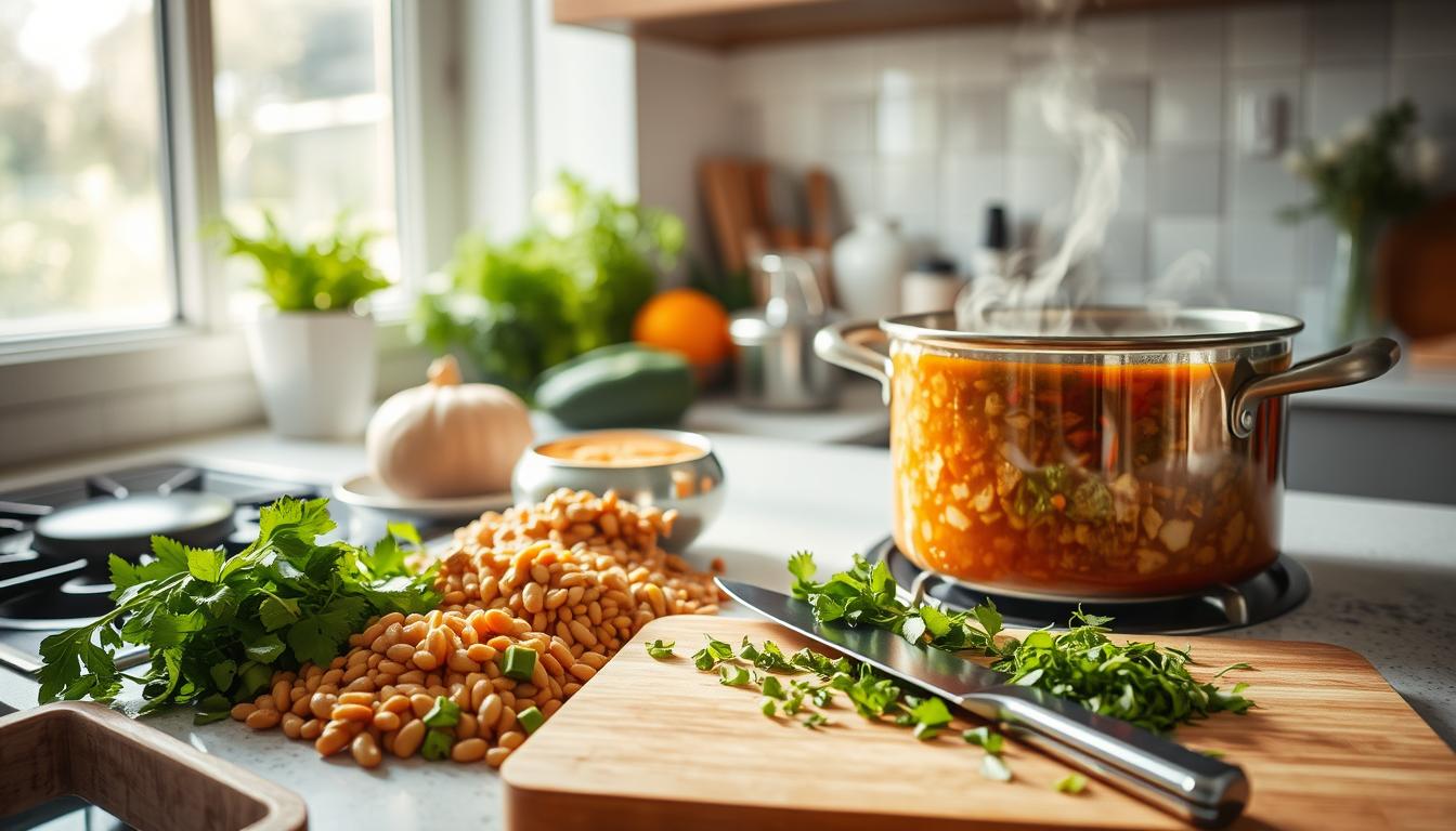 High Protein Vegan Soup: How to Make It in 30 Minutes 2 A well-lit kitchen countertop, with various cooking utensils and ingredients for preparing a high-protein vegan soup. In the foreground, a large pot simmers on the stove, filled with a rich, chunky broth. Nearby, freshly chopped vegetables, herbs, and high-protein elements like lentils, beans, or tofu are neatly arranged, ready to be added. The middle ground showcases a cutting board with a sharp knife, used for precise ingredient preparation. In the background, a window offers a glimpse of a bright, sunlit day, creating a warm, inviting atmosphere. The overall scene conveys a sense of culinary expertise and attention to detail, reflecting the importance of avoiding common mistakes when making protein-packed soups.