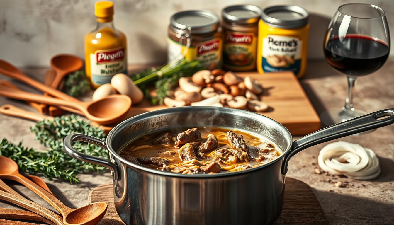 ground beef stroganoff with cream of mushroom soup recipe 2 An artfully composed still life photograph depicting a collection of cooking implements and ingredients against a softly blurred background. In the foreground, a stainless steel saucepan filled with a rich, creamy beef stroganoff stew takes center stage, steam gently rising from the surface. Surrounding it, a scattering of wooden spoons, a jar of Dijon mustard, and a bundle of fresh thyme sprigs create a sense of culinary preparation. The middle ground features a cutting board with thinly sliced mushrooms and onions, while in the background, jars of cream of mushroom soup and a glass of red wine set the mood for a comforting, homemade meal. Warm, directional lighting casts dramatic shadows, heightening the textural details. The overall scene conveys a sense of effortless, yet intentional, home cooking.