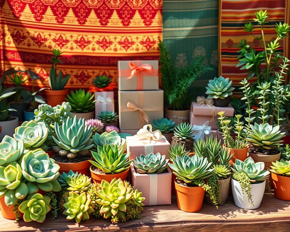 A vibrant, sun-drenched display of lush succulent gifts arranged on a rustic wooden table. In the foreground, an array of potted succulents in various shapes and colors - from plump rosettes to trailing jade plants, their leaves glistening under natural light. The middle ground features artfully wrapped gift boxes, their delicate ribbons and bows complementing the greenery. Behind, a backdrop of traditional Indian textiles in rich, earthy tones creates a warm, inviting atmosphere. Soft shadows and highlights accentuate the three-dimensional forms, while a shallow depth of field draws the eye to the captivating selection of unique, living succulent gifts - the perfect green presents for any occasion.