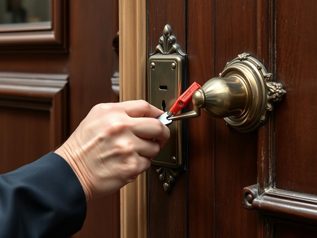 Locksmith opening a sophisticated door in Paris 8th using professional tools