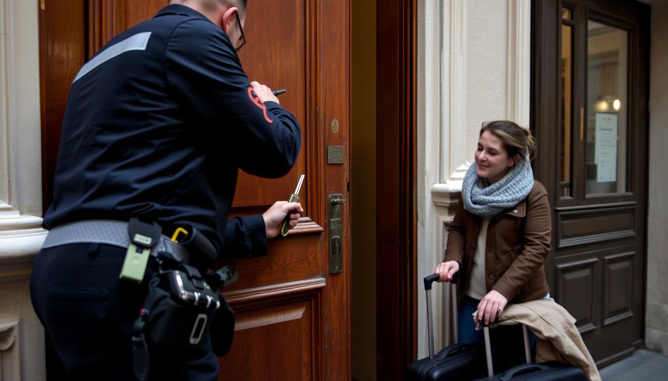 English-speaking locksmith opening a door in Paris 12th arrondissement for a tourist