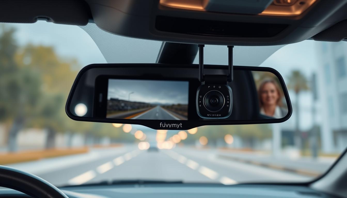A high-quality, mirror-mounted dash cam with the &quot;fuvymyt&quot; brand name, installed on the dashboard of a modern vehicle. The camera is sleekly integrated into the rearview mirror, its low-profile design blending seamlessly with the car's interior. The lens captures a wide, clear view of the road ahead, with excellent night vision and high-definition video recording. Soft, indirect lighting illuminates the setup, creating a polished, factory-installed appearance. The dashboard features a clean, uncluttered layout, allowing the dash cam to take center stage as a functional yet discreet addition to the vehicle.
