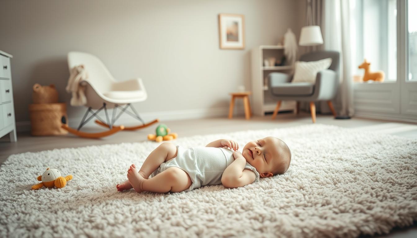 A serene nursery scene, bathed in soft, warm lighting. In the foreground, a newborn baby lies contentedly on a plush, neutral-toned rug, surrounded by developmental toys and textures that stimulate their senses. In the middle ground, a rocking chair and a cozy armchair invite the viewer to imagine a mother's gentle interaction. The background features neutral-toned walls, complemented by understated yet elegant decor, creating a calming and nurturing atmosphere. The overall composition conveys the stages of a baby's growth and development, from the simplicity of their early days to the gradual introduction of stimulating elements that aid their cognitive and physical maturation.
