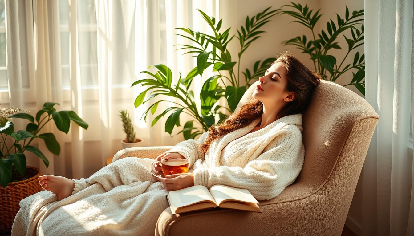 A cozy, sun-drenched bedroom. A mother lounging on an oversized armchair, wrapped in a soft, plush robe. Her eyes are closed, a serene expression on her face as she indulges in a moment of tranquility. Beside her, a wooden side table holds a steaming mug of herbal tea and a book. The room is adorned with lush, verdant plants, casting a warm, natural glow. Gentle rays of sunshine filter through the sheer curtains, enveloping the scene in a soft, calming light. The overall atmosphere conveys a sense of rejuvenation, self-care, and the important balance between the demands of motherhood and the need for personal well-being.