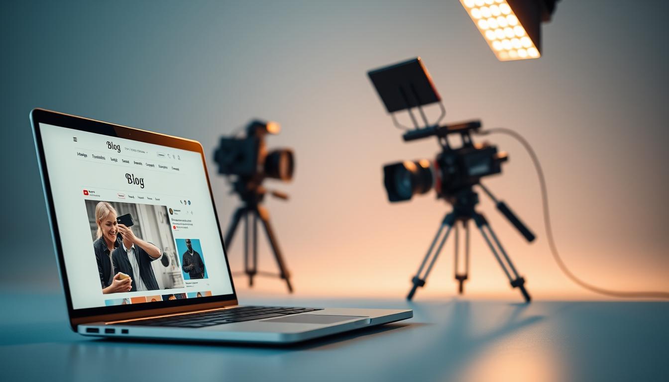 A well-lit studio scene showcasing a blog platform and a YouTube channel side-by-side. In the foreground, a modern laptop displaying the blog's homepage, with a clean, minimalist design and high-quality product images. In the middle ground, a professional-grade camera and microphone setup representing the YouTube channel, bathed in soft, directional lighting. The background features a subtle grid pattern, suggesting the technical infrastructure supporting these digital platforms. The overall mood is one of clarity, professionalism, and the ability to effectively communicate ideas and products through various content formats.