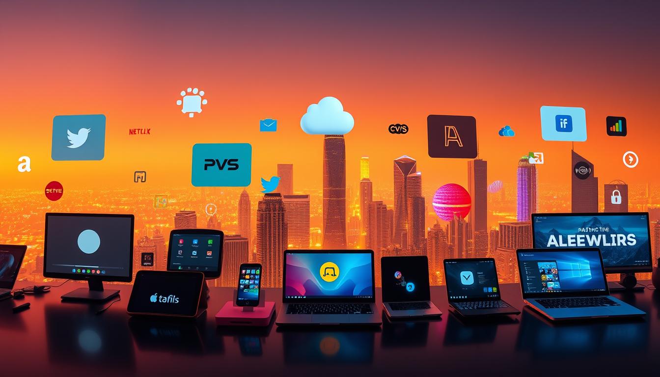 A panoramic scene depicting the top digital subscription platforms. In the foreground, sleek and modern user interfaces for popular streaming, cloud storage, and productivity services hover against a backdrop of minimalist icons and app logos. The middle ground showcases a vibrant array of mobile devices and laptops, each displaying the subscription platforms in use. The background features a futuristic cityscape with towering skyscrapers and a vibrant, neon-lit skyline. Warm, diffused lighting creates a sense of depth and emphasizes the dynamic, technology-driven atmosphere. The overall composition conveys the scale, diversity, and ubiquity of the leading digital subscription platforms that shape the modern digital landscape.