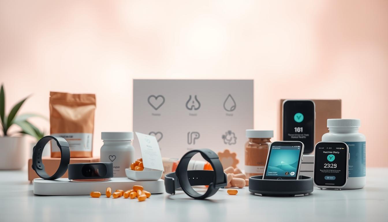 a beautifully lit, high-quality photographic scene depicting an assortment of health subscription service products and icons, with a clean, modern aesthetic. In the foreground, there are sleek fitness trackers, vitamin supplements, and wellness apps displayed on various surfaces. The middle ground features a minimalist layout of health-related icons, such as a heart symbol, a leaf, and a water droplet. The background showcases a soft, out-of-focus gradient in soothing, natural hues that complement the overall wellness theme. The lighting is soft and diffused, creating a calming and inviting atmosphere. The camera angle is slightly elevated, creating a sense of balance and harmony in the composition.