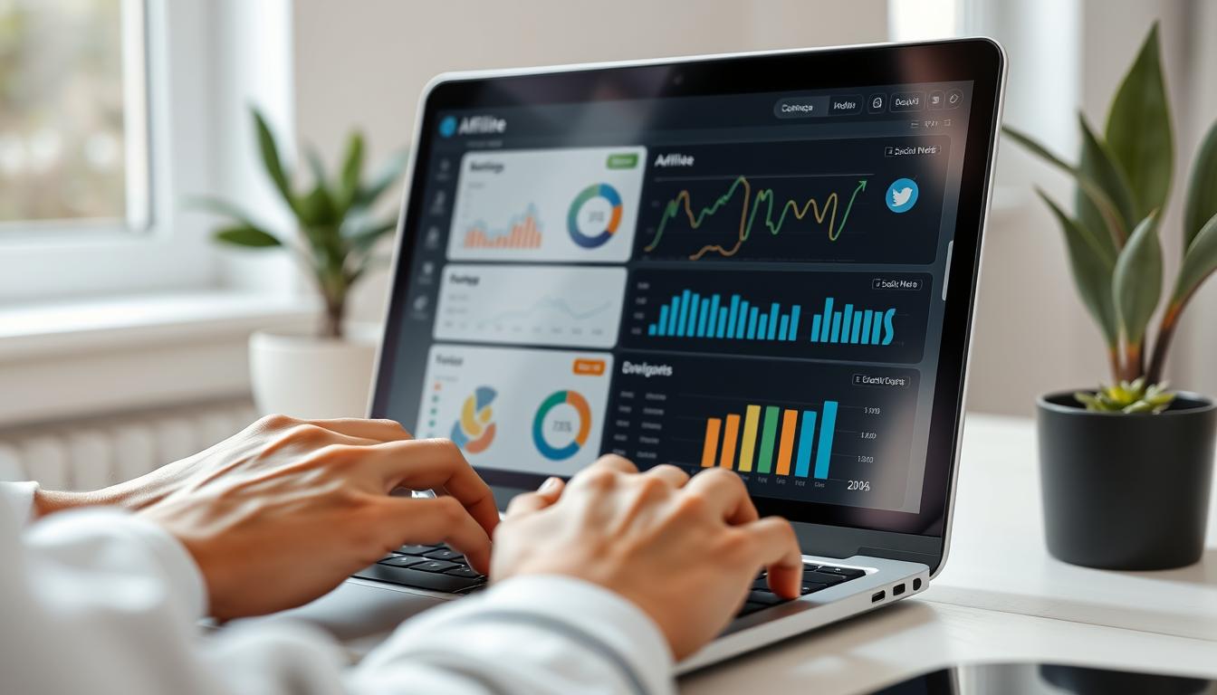 social media affiliate marketing, close-up of laptop screen showing an affiliate marketing dashboard with data and charts, person's hands typing on keyboard, bright and minimalist style, natural lighting, high-resolution, detailed, sharp focus, calm and professional atmosphere, 3D render, cinematic composition