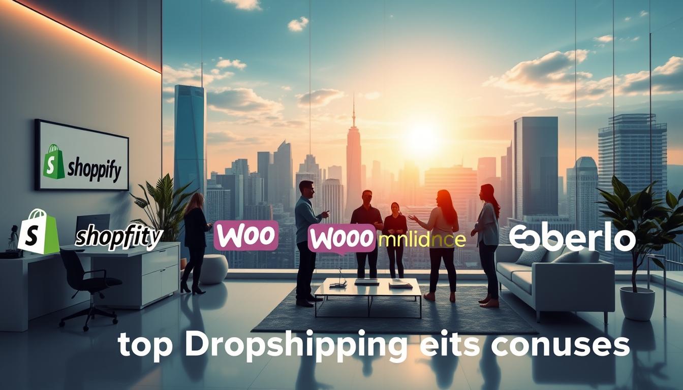 A vibrant, visually captivating scene showcasing the top dropshipping companies. In the foreground, a sleek, modern office space with stylized branding and logos from leading ecommerce platforms like Shopify, WooCommerce, and Oberlo. The middle ground features entrepreneurs enthusiastically discussing strategies, surrounded by minimalist furniture and clean, airy lighting. In the background, a cityscape with towering skyscrapers and a brilliant, sun-drenched sky, symbolizing the growth and success of these thriving dropshipping businesses. The overall mood is one of professionalism, innovation, and unlimited potential for entrepreneurial ventures.