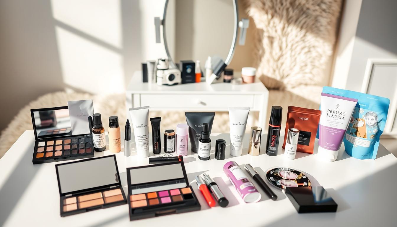 A luxurious array of beauty products neatly arranged on a minimalist white table, casting soft shadows in natural light. In the foreground, various makeup and skincare items from popular subscription services, including eyeshadow palettes, lipsticks, serums, and face masks. The middle ground features a modern, chic vanity mirror and a plush, neutral-toned rug, creating a serene, spa-like atmosphere. The background subtly blurs, highlighting the focus on the beauty products and their alluring packaging designs. The overall scene conveys a sense of pampering, self-care, and the convenience of curated beauty subscription services.