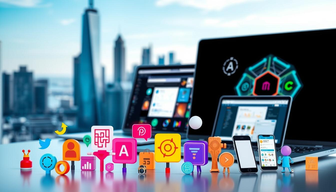 A sleek, modern composition showcasing the most popular AI tools trending on social platforms. In the foreground, a stylized arrangement of colorful icons representing AI assistants, image generators, and data analytics tools, all rendered in a minimalist, geometric style with clean lines and vibrant hues. The middle ground features a dynamic arrangement of laptop screens, tablets, and mobile devices, each displaying various AI-powered applications and interfaces. In the background, a blurred cityscape with towering skyscrapers and a serene, azure sky, creating a sense of technological progress and innovation. The lighting is soft and diffused, evoking a professional, high-tech atmosphere. The overall composition is balanced, visually striking, and reflects the cutting-edge nature of the AI tools dominating social media discussions.