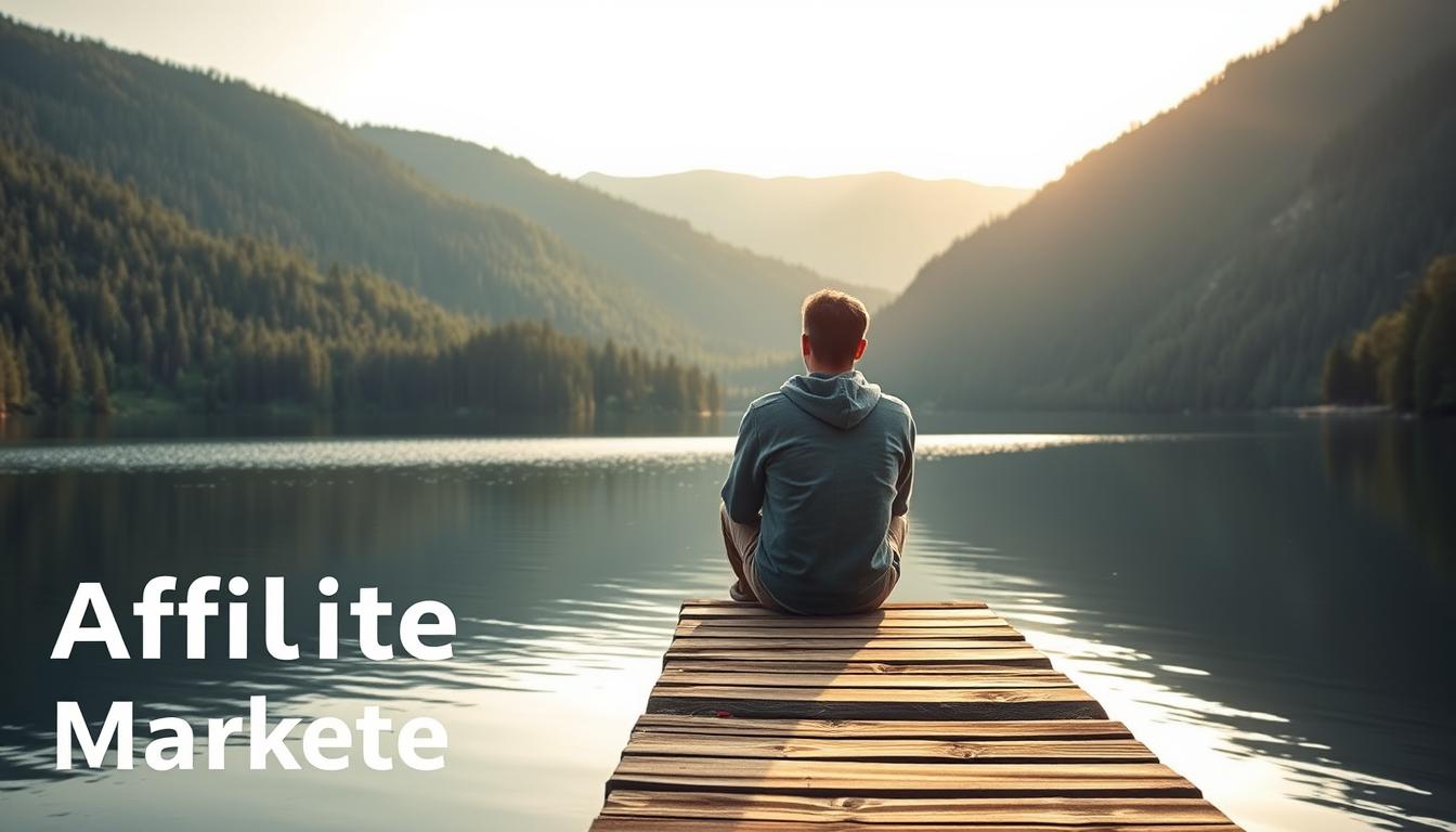 a serene and tranquil scene of a person sitting on a wooden dock, gazing out over a peaceful lake surrounded by lush green forests and mountains in the distance. The person is dressed casually in a comfortable outfit, exuding a sense of trust and confidence. The lighting is soft and warm, creating a calming atmosphere. The water's surface reflects the surrounding landscape, adding depth and tranquility to the scene. The overall composition emphasizes the importance of building trust with one's audience, as the person on the dock represents a trustworthy and reliable figure in the world of affiliate marketing.