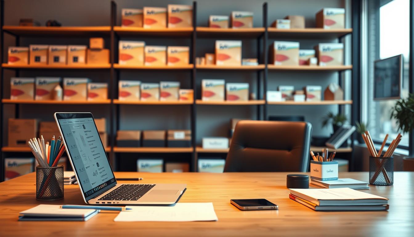 A modern, well-lit office interior with a desk featuring a laptop, smartphone, and organized stationery. In the background, shelves display various product packages, suggesting a range of reliable dropshipping suppliers. Warm, soft lighting creates a professional and trustworthy atmosphere. The scene captures the essence of a successful dropshipping business operation, with attention to detail and a sense of organization and reliability.