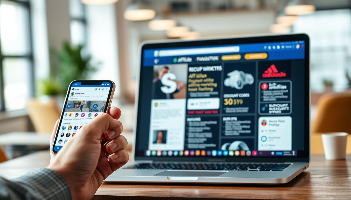 A high-quality, digitally-rendered image depicting the best practices for affiliate marketing on Facebook. The foreground shows a person's hands operating a smartphone, navigating a Facebook page with various icons and interactive elements. The middle ground features a laptop display showcasing successful affiliate marketing strategies, including product recommendations, discount codes, and engagement metrics. The background is a blurred office setting, conveying a professional, productivity-focused atmosphere. The lighting is soft, natural, and evenly distributed, creating a warm, inviting tone. The camera angle is slightly elevated, providing an overview of the scene. The overall composition emphasizes the importance of leveraging Facebook's features to effectively promote affiliate products and build a thriving online business.