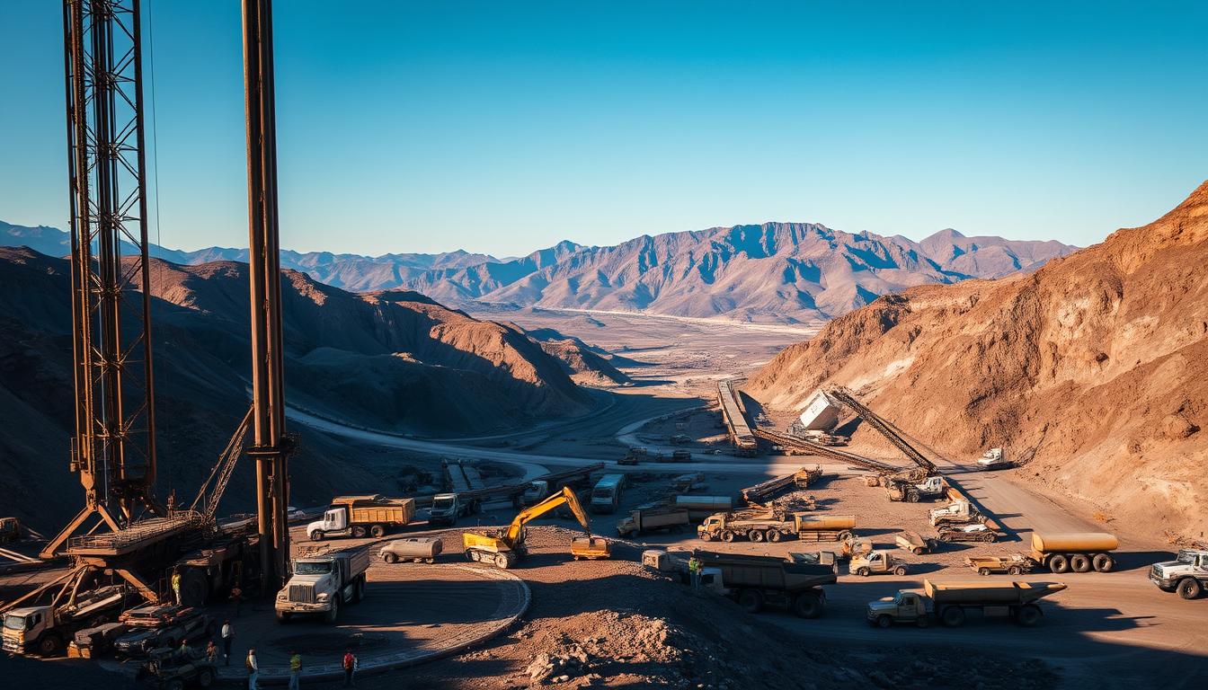 A vast open-pit mine, sunlight casting long shadows across the rugged terrain. In the foreground, a powerful drilling rig systematically piercing the earth, its rotating bit carving deep into the rock. Surrounding it, a bustling scene of excavators, dump trucks, and workers in reflective gear, engaged in the intricate dance of overburden removal and ore extraction. The midground is a hive of activity, with conveyor belts transporting material, cranes maneuvering heavy loads, and the rhythmic thrum of heavy machinery echoing across the site. In the distance, towering mountains loom, their peaks obscured by a hazy blue sky, conveying the immense scale and grandeur of the mining operation. The overall mood is one of raw power, efficiency, and the triumph of human ingenuity over the challenges of the natural world.