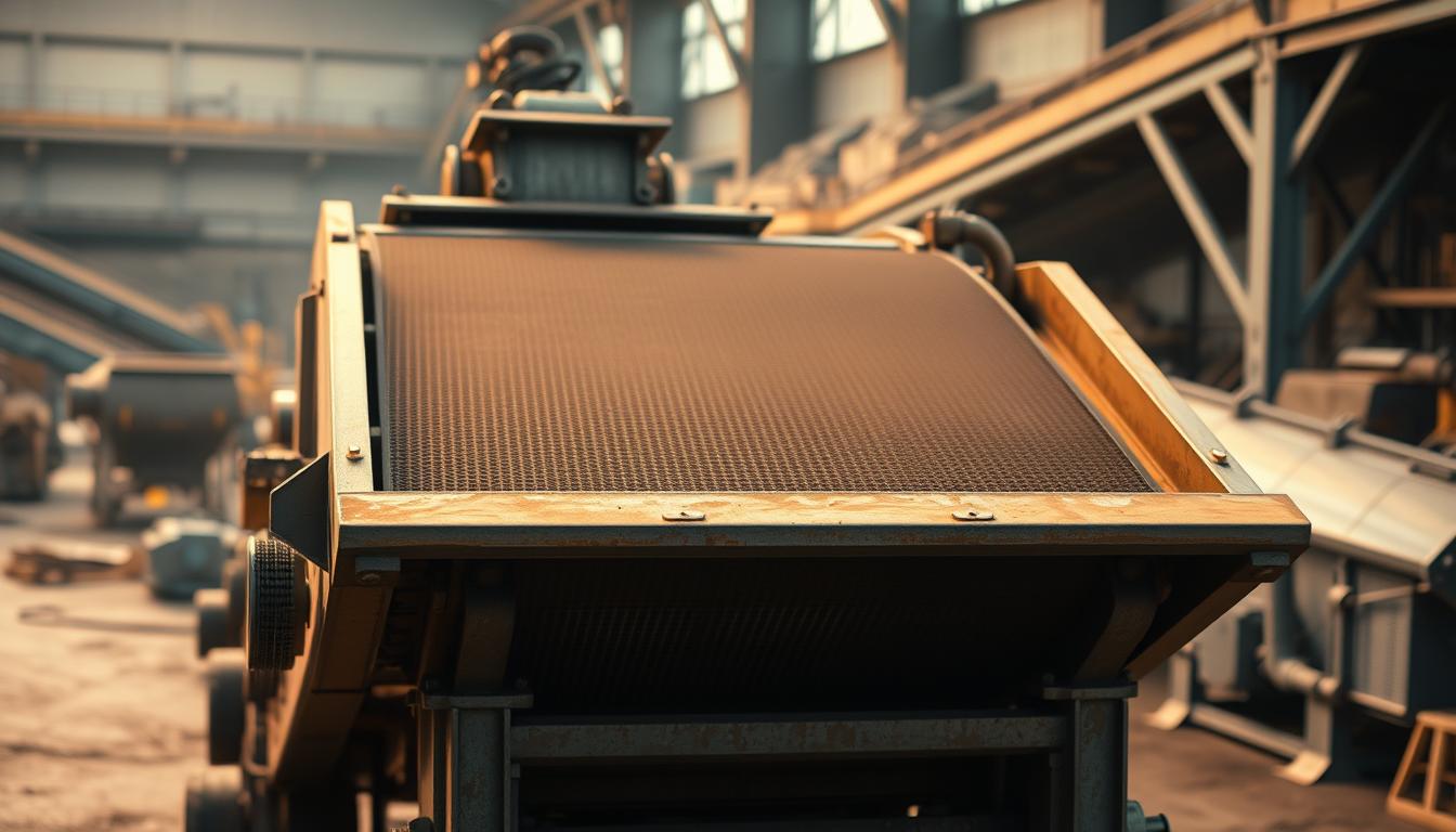 A large, industrial-grade vibrating screen stands prominently in the foreground, its mesh trays designed to efficiently sort and separate materials. The screen is illuminated by warm, diffused lighting, casting subtle shadows that highlight its intricate mechanical components. In the middle ground, the surrounding mining equipment is visible, including conveyors and hoppers, all painted in a muted palette of grays and blues. The background is slightly blurred, suggesting a larger mining facility or warehouse, with the faint outlines of other machinery and structures. The overall scene conveys a sense of scale, power, and precision, capturing the essential role of the vibrating screen in the mineral processing workflow.