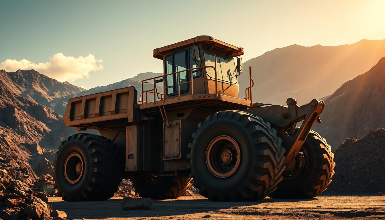 A large, powerful wheel loader stands in a rugged mining environment, its massive tires and sturdy frame conveying strength and capability. The sun casts warm, directional lighting, accentuating the machine's contours and creating dramatic shadows. The operator's cabin sits high, affording a commanding view of the scene. In the background, a looming mountain range provides a dramatic, natural backdrop, while in the foreground, piles of excavated ore and rock suggest the machine's vital role in the mining operations. The overall impression is one of industrial might and efficient, large-scale material handling.