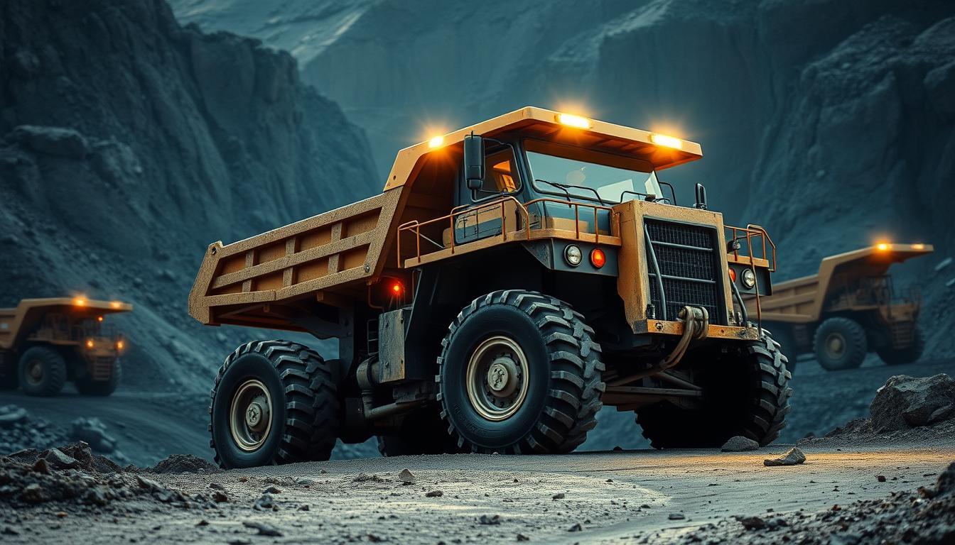 A rugged and reliable off-road mining truck, its massive tires and powerful chassis navigating the uneven terrain of an open-pit mine. The truck's cab is illuminated by the warm glow of headlights, casting a soft light on the surrounding environment. In the background, towering rock formations and the silhouettes of other mining equipment create a sense of scale and industrial grandeur. The image conveys a mood of efficiency, safety, and the relentless pursuit of valuable resources from the earth. The truck's design is optimized for maximum payload and stability, ensuring secure transportation of precious cargo through the challenging mining landscape.