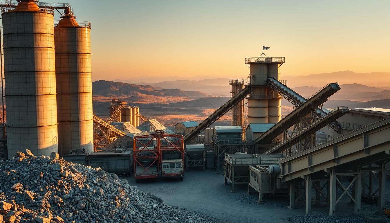A sprawling rock crushing plant, with towering silos, conveyor belts, and massive machinery dominating the foreground. The mid-ground features a complex network of hoppers, crushers, and vibrating screens, all working in harmony to reduce large rocks into smaller, more manageable aggregates. The background showcases the industrial landscape, with distant hills and a hazy sky providing a sense of scale and context. The scene is bathed in warm, golden lighting, highlighting the rugged, utilitarian nature of the equipment. A wide-angle lens captures the impressive scale and complexity of this essential mining infrastructure.