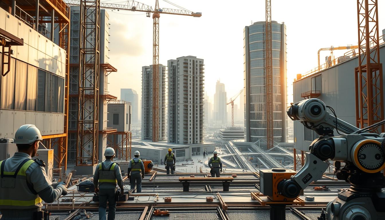 A futuristic construction site, filled with cutting-edge technology and innovative approaches. In the foreground, a team of workers in protective gear operate advanced robotic systems, seamlessly integrating automated processes with human expertise. The middle ground showcases towering modular structures, their sleek designs highlighting the integration of smart materials and energy-efficient systems. In the background, a skyline of gleaming, eco-friendly buildings reflects the dawn of a new era in sustainable construction. Soft, diffused lighting casts a warm, optimistic glow, evoking a sense of progress and collaboration. The scene conveys a vision of construction innovation, where efficiency, sustainability, and human-machine synergy converge to shape the future of the industry.
