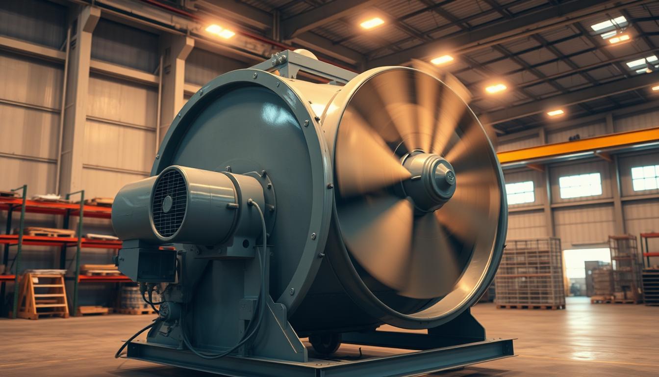 a large industrial ventilator with a powerful electric motor, sturdy metal frame, and multiple fan blades spinning rapidly, generating strong airflow, standing in a spacious industrial warehouse with high ceilings, concrete floors, and metal shelving units, the ventilator's efficient cooling mechanism illuminated by warm overhead lighting, creating an atmosphere of functional productivity