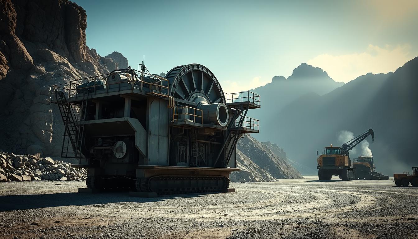 A large, industrial-grade rock crusher standing proudly in a well-lit mining quarry. The britador's rugged metal frame and powerful hydraulic jaws dominate the foreground, casting dramatic shadows across the gravel-strewn ground. In the middle ground, the crusher's control panel and maintenance platforms are visible, hinting at the complex engineering behind its operation. The background is filled with towering rock formations, hazy blue skies, and the silhouettes of other mining equipment, creating a sense of scale and the bustling activity of the quarry. The scene conveys the strength, efficiency, and indispensable role of the britador in the mining industry.