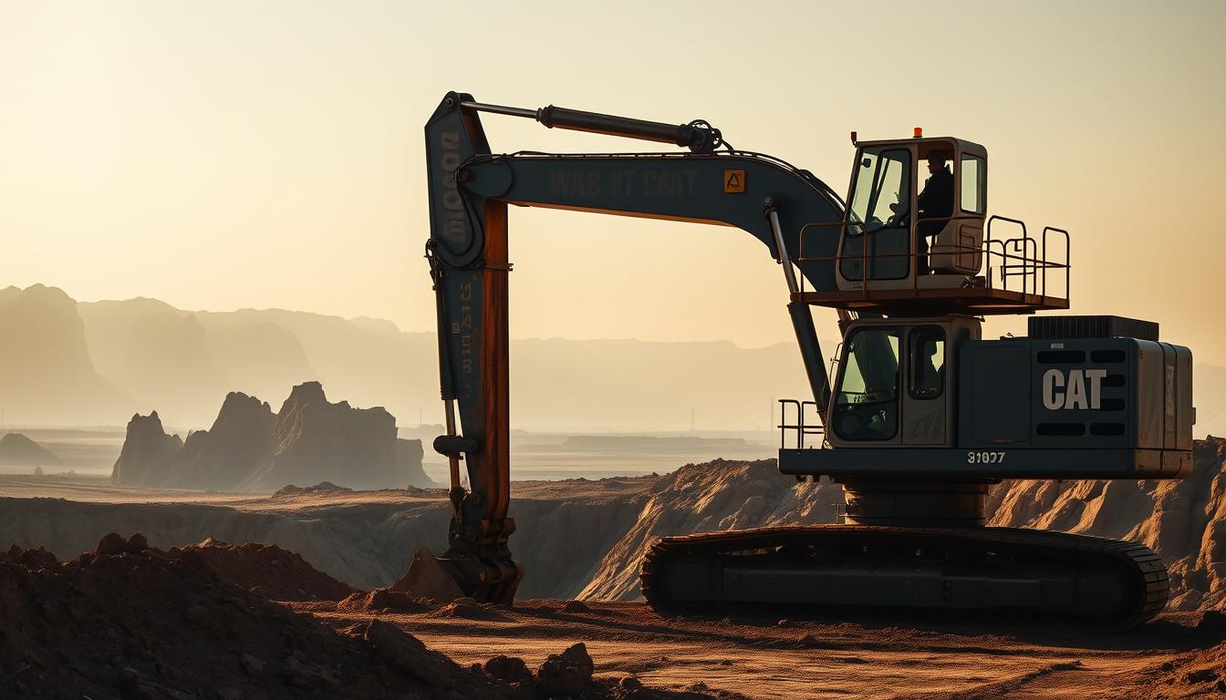 A massive hydraulic excavator stands tall, its powerful arm extended, ready to dig deep into the earth. The machine's sleek, metallic body gleams under the warm, directional lighting, casting dramatic shadows across the rugged terrain. In the background, a vast, open-pit mine stretches out, with towering rock formations and a hazy, atmospheric sky. The excavator's operator sits in the elevated cab, intently focused on the task at hand, guiding the machine with precision and skill. The scene conveys the sheer scale and technical prowess of this essential piece of mining equipment, perfectly suited for the demanding work of an active quarry or construction site.