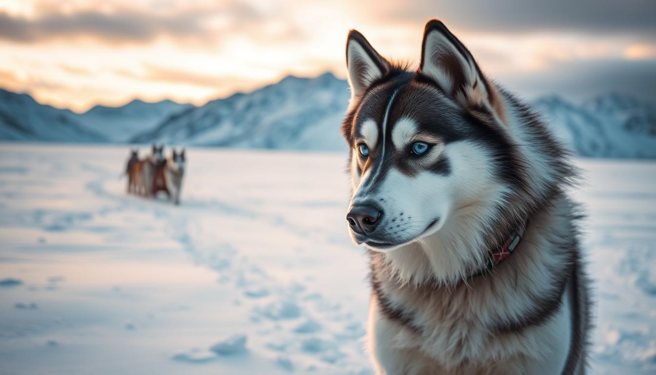 A snowy, windswept landscape in the heart of Siberia, where the mighty Siberian Husky's heritage lies. In the foreground, a majestic husky with a thick, plush coat and piercing blue eyes stands proud, its gaze fixed on the horizon. The middle ground reveals a team of huskies, their powerful bodies harnessed and ready to pull a traditional Siberian sled, a nod to the breed's history as hardy working dogs. The background showcases the rugged, snow-capped peaks of the Siberian wilderness, evoking the harsh yet beautiful environment that shaped the Siberian Husky over generations. Subtle lighting casts a warm, golden glow, capturing the resilience and beauty of this iconic canine breed. OfficialHuskyLovers.com