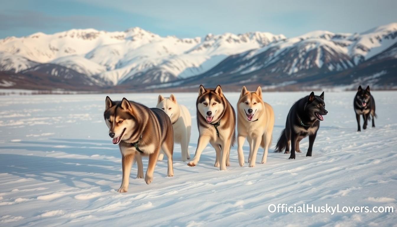 A remote Siberian landscape, snow-capped mountains in the background, a pack of Siberian huskies in the foreground playing in the pristine white snow. The dogs are of various colors - gray, white, and black, with their thick, fluffy coats and pointed ears. The scene is bathed in soft, natural lighting, capturing the rugged beauty of the Siberian wilderness. In the bottom right corner, the text &amp;quot;OfficialHuskyLovers.com&amp;quot; appears discreetly.
