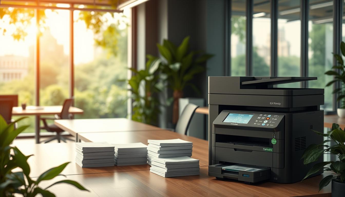 A modern, eco-friendly office with sleek, minimalist desks and chairs. In the foreground, a high-quality multifunction printer with a prominent "eco-friendly" label. Leafy green plants and energy-efficient LED lighting create a sustainable, nature-inspired ambiance. The mid-ground features stacks of recycled printer paper and a prominently displayed refillable ink cartridge system. The background showcases a panoramic view of lush, urban greenery through large windows, conveying a sense of environmental consciousness. Warm, natural lighting casts a soft glow over the scene, emphasizing the harmony between technology and nature.