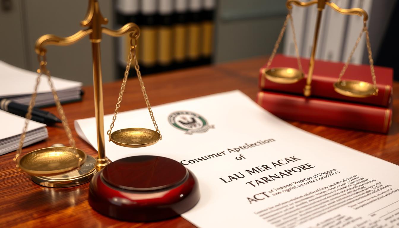 Singapore Consumer Protection (Fair Trading) Act document with legal scales symbolizing consumer rights