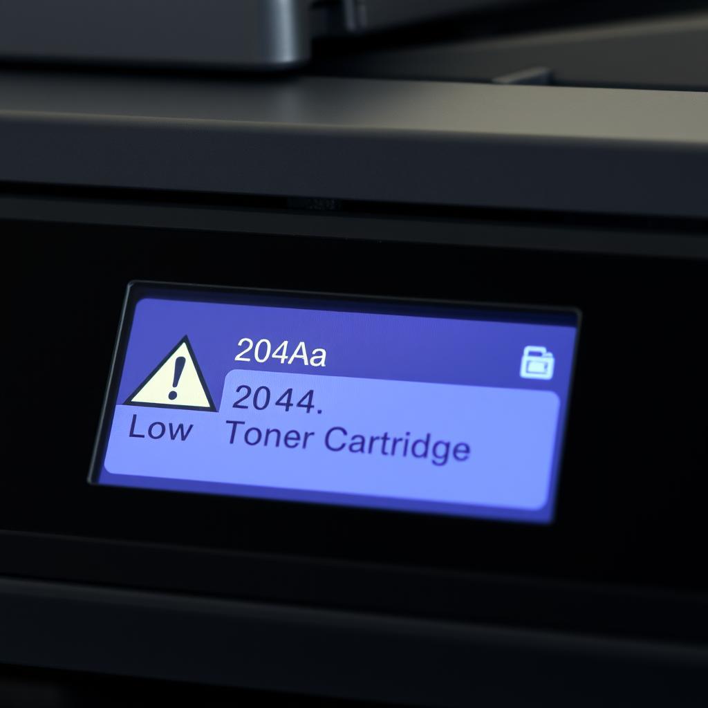 Printer display showing low toner warning for HP 204A cartridge