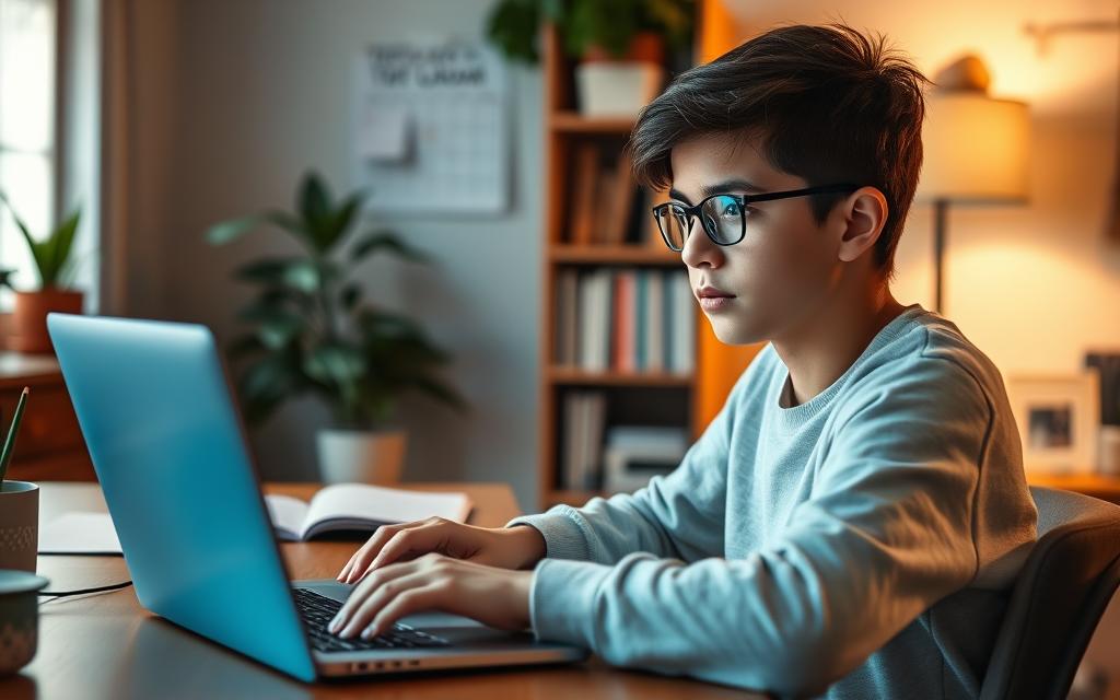 A focused young student sits at a desk, navigating an online learning platform on their laptop. The room is softly lit, creating a warm, focused atmosphere. In the background, bookshelves and plants suggest a dedicated study space, while a calendar and to-do list on the wall indicate their determination to stay organized. The student's expression is one of concentration, as they overcome the challenges of distance learning through their disciplined approach. A cozy, productive setting that inspires a sense of diligence and academic success.