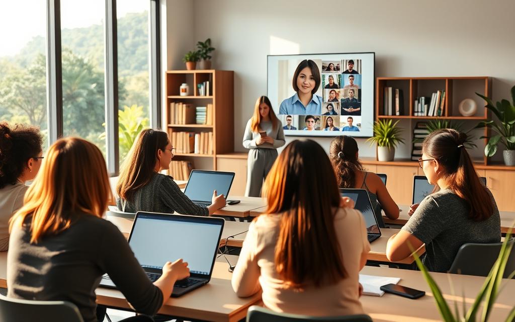 A serene classroom setting with a large window overlooking a lush, sustainable landscape. In the foreground, students engage in collaborative online learning using sleek, modern devices. Warm, natural lighting filters through, creating a tranquil atmosphere. The middle ground features a teacher guiding the online discussion, their face displayed on a large, interactive whiteboard. In the background, a bookshelf and potted plants suggest a nurturing, eco-friendly environment conducive to productive, long-term online education.
