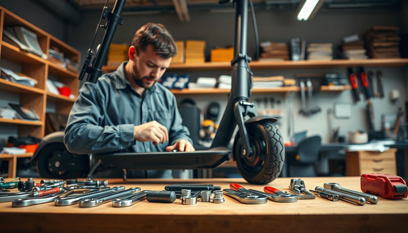 A close-up of a skilled technician performing maintenance on an electric scooter, showcasing detailed tools and spare parts arranged neatly on a workbench. The technician, dressed in professional work attire, is focused on checking the scooter’s battery and wiring. In the foreground, tools like wrenches and screwdrivers create a sense of action. The middle ground includes the electric scooter, with visible components such as the battery and tires. The background features a well-lit workshop, with shelves lined with maintenance manuals and additional tools. Soft, warm lighting enhances the hands-on atmosphere, emphasizing professionalism and care. The image conveys a sense of expertise and dedication to electric scooter upkeep.