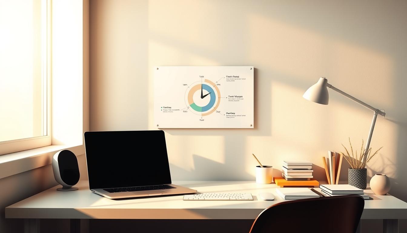 A minimalist office scene with a desk, laptop, and various organization tools. The desktop is clean and uncluttered, with a geometric time management diagram displayed on the laptop screen. Soft, directional lighting from a window casts warm shadows, creating a sense of focus and productivity. The background is a simple, neutral-toned wall, allowing the time management elements to take center stage. The overall mood is one of efficiency, structure, and a calm, organized approach to task prioritization.