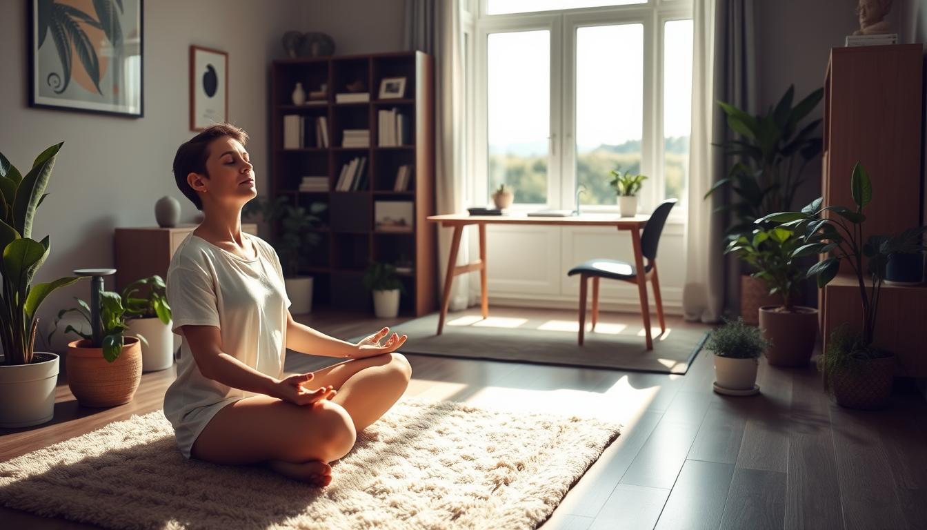 A serene home office, bathed in soft natural light from a nearby window. In the foreground, a person sits cross-legged on a plush rug, eyes closed in deep meditation, their palms resting gently on their knees. Potted plants and a small fountain provide a calming ambiance, while the minimalist desk and bookshelves in the middle ground suggest a space dedicated to focused work and mindful practices. The background features a tranquil outdoor scene, perhaps a garden or a peaceful landscape, further enhancing the sense of balance and well-being.