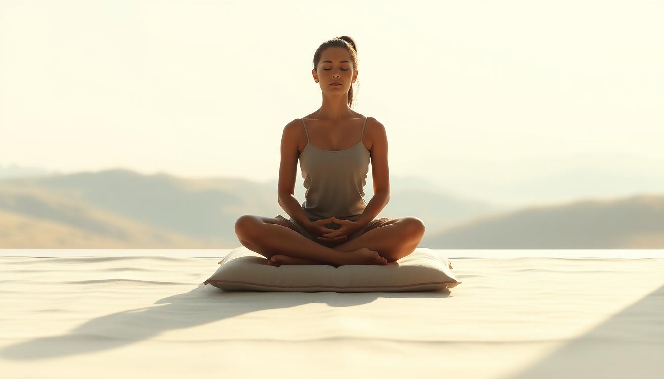A serene and tranquil scene of a person sitting cross-legged on a cushion, eyes closed, hands resting on their lap in a meditative pose. The figure is bathed in soft, diffuse natural lighting, creating a calming and reflective atmosphere. In the background, a simple, minimalist landscape with rolling hills and a distant horizon, conveying a sense of spaciousness and inner peace. The composition is balanced and harmonious, encouraging the viewer to slow down, breathe deeply, and engage in mindful contemplation.