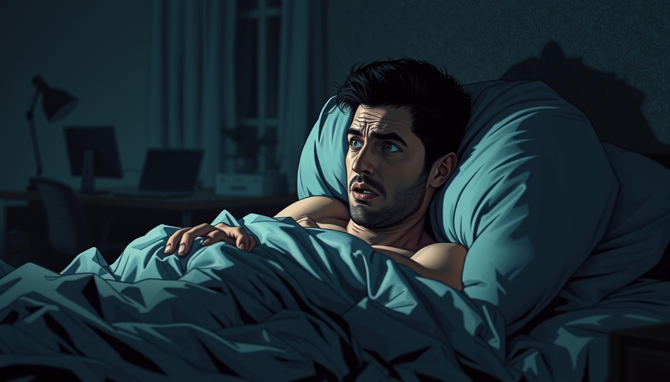 A person tossing and turning in bed, eyes wide open, face etched with worry. Dim, muted lighting casts shadows that accentuate their restless movements. The bedsheets are tangled, reflecting the turmoil of the mind. In the background, a blurred office workspace is visible, hinting at the source of the anxiety. The overall atmosphere is one of tension and unease, capturing the disruptive impact of chronic work stress on sleep patterns.