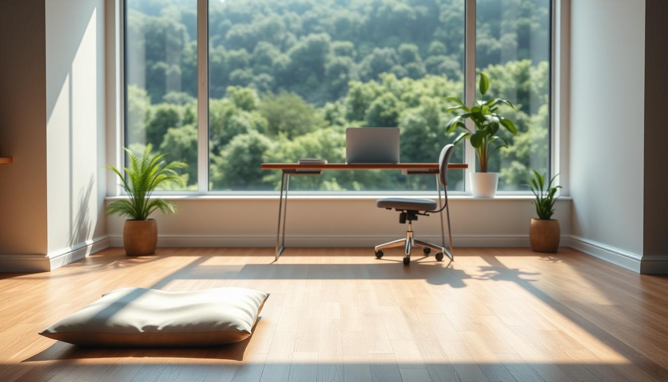 A serene, minimalist virtual office space, bathed in soft, natural lighting. In the foreground, a tranquil meditation cushion sits on a hardwood floor, inviting the remote worker to pause and practice mindfulness. The middle ground features a simple, ergonomic workstation with a sleek laptop and a potted plant, symbolizing the balance between productivity and relaxation. The background showcases a large window overlooking a lush, verdant landscape, providing a calming, nature-inspired view to ease the mind. The overall atmosphere is one of digital detachment, encouraging the remote professional to unwind and recharge amidst the pressures of the virtual workplace.