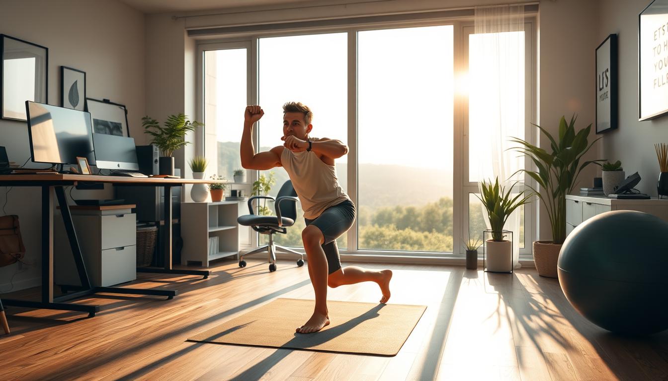 A home office setting with a remote worker engaged in physical activity. In the foreground, the worker performs bodyweight exercises like squats, lunges, and pushups on a yoga mat. Surrounding them, ergonomic furniture and devices like a standing desk, exercise ball, and resistance bands. In the middle ground, a large window overlooking a peaceful natural landscape, sunlight filtering in and casting a warm glow. The background features minimalist decor, potted plants, and motivational wall art. The overall mood is one of calm focus and a healthy work-life balance.