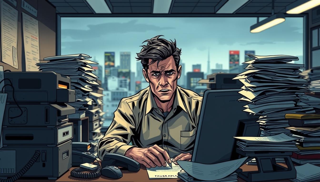 A stressed office worker sits at their desk, surrounded by a cluttered workspace and a towering pile of paperwork. Exhaustion and frustration etched on their face, they struggle to focus amidst the cacophony of ringing phones and the persistent ding of email notifications. The harsh fluorescent lighting casts harsh shadows, exacerbating the sense of overwhelming pressure. In the background, a blurred cityscape looms, a constant reminder of the demands of the external world. Despite the long hours, productivity has waned, and the worker's gaze is fixed on the computer screen, searching for a way to regain control and find balance.