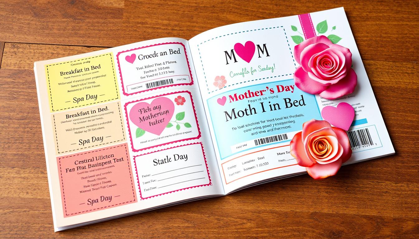 Generate an image of a colorful Mother's Day coupon book with various coupons for mom.