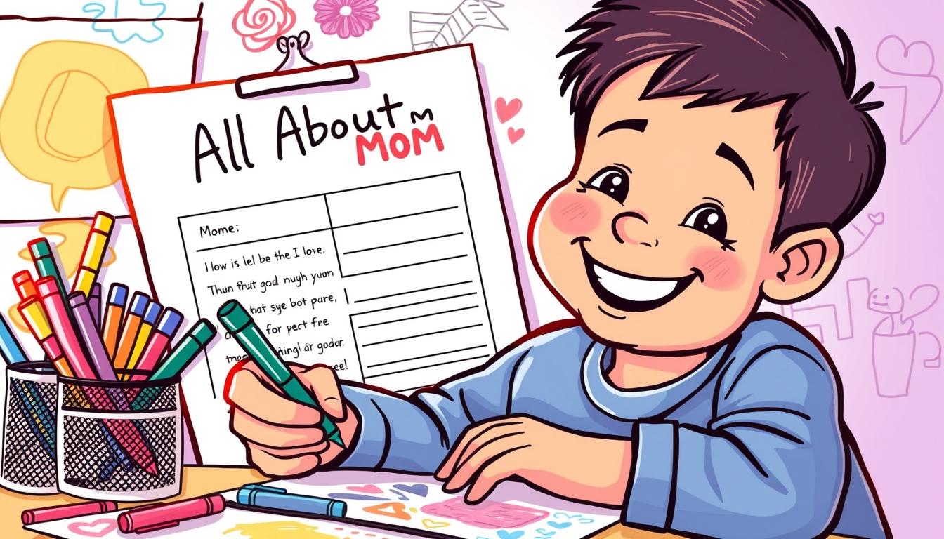 Generate an image of a child filling out an &quot;All About Mom&quot; questionnaire with colorful pens and a big smile.