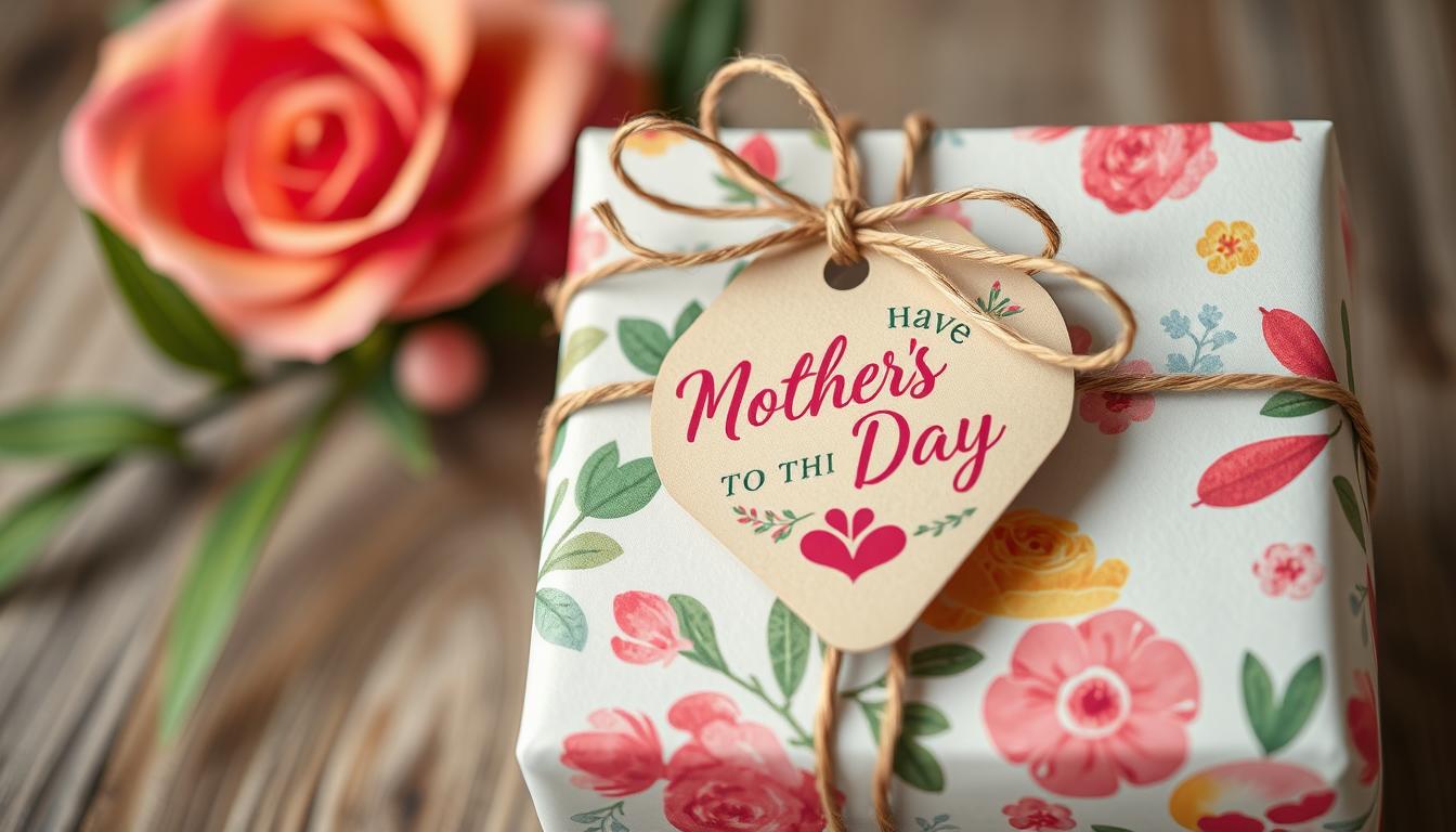 Generate an image of a beautifully wrapped Mother's Day gift with a customized gift tag.