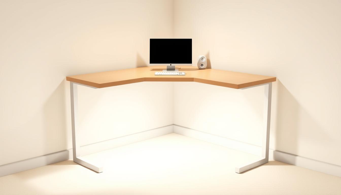 A well-lit corner desk with sleek, minimalist design set against a neutral, airy background. The desk's dimensions are clearly visible, showcasing its compact yet functional size, perfect for small spaces. The desktop surface features a clean, uncluttered layout, hinting at its suitability for various computing and office tasks. Soft, diffused lighting illuminates the scene, creating a warm and inviting atmosphere. The desk is positioned at a 45-degree angle, maximizing the available floor space while maintaining an efficient workflow. The overall composition emphasizes the key size considerations for a corner computer desk in a small room or home office setting.